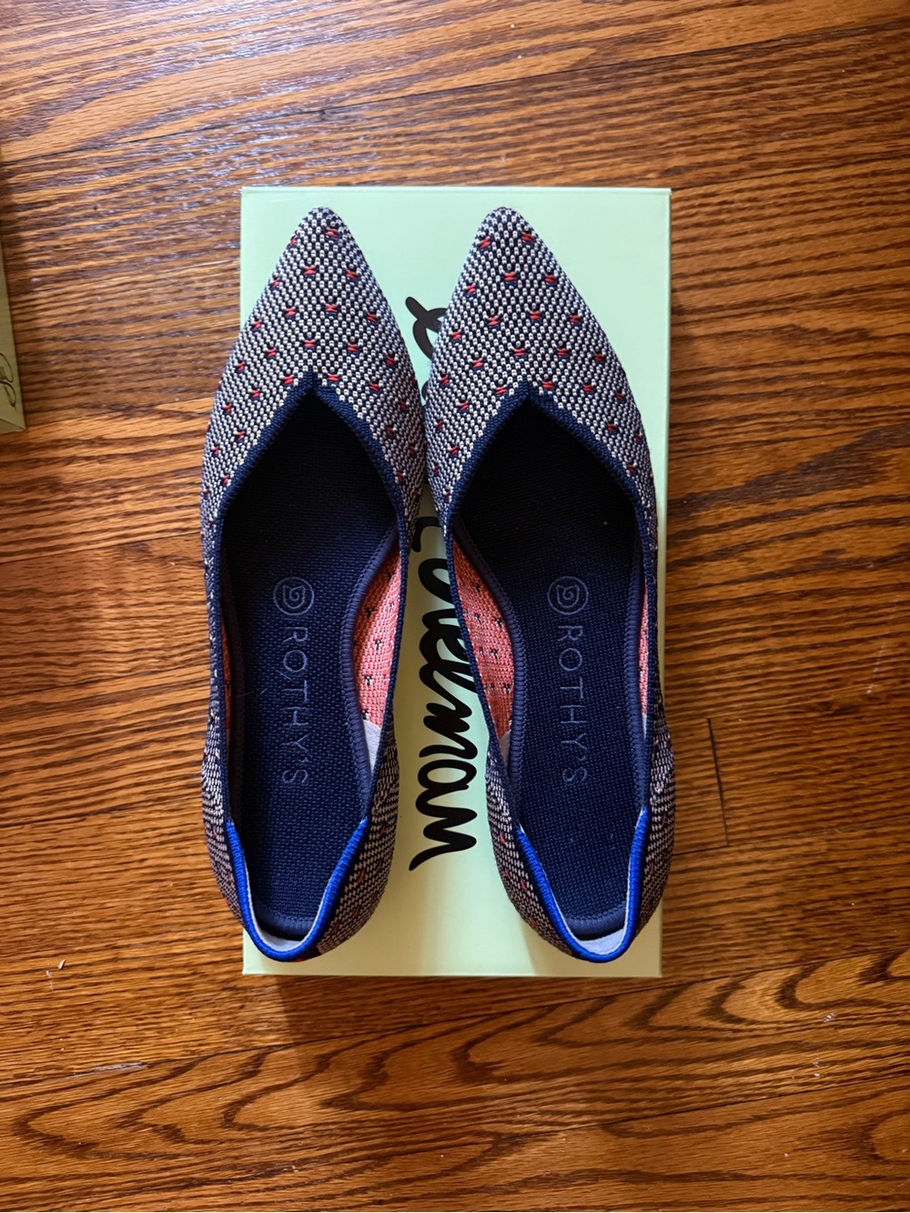 Rothy's Pointed Knit Flats in Navy with Red Dot Accents